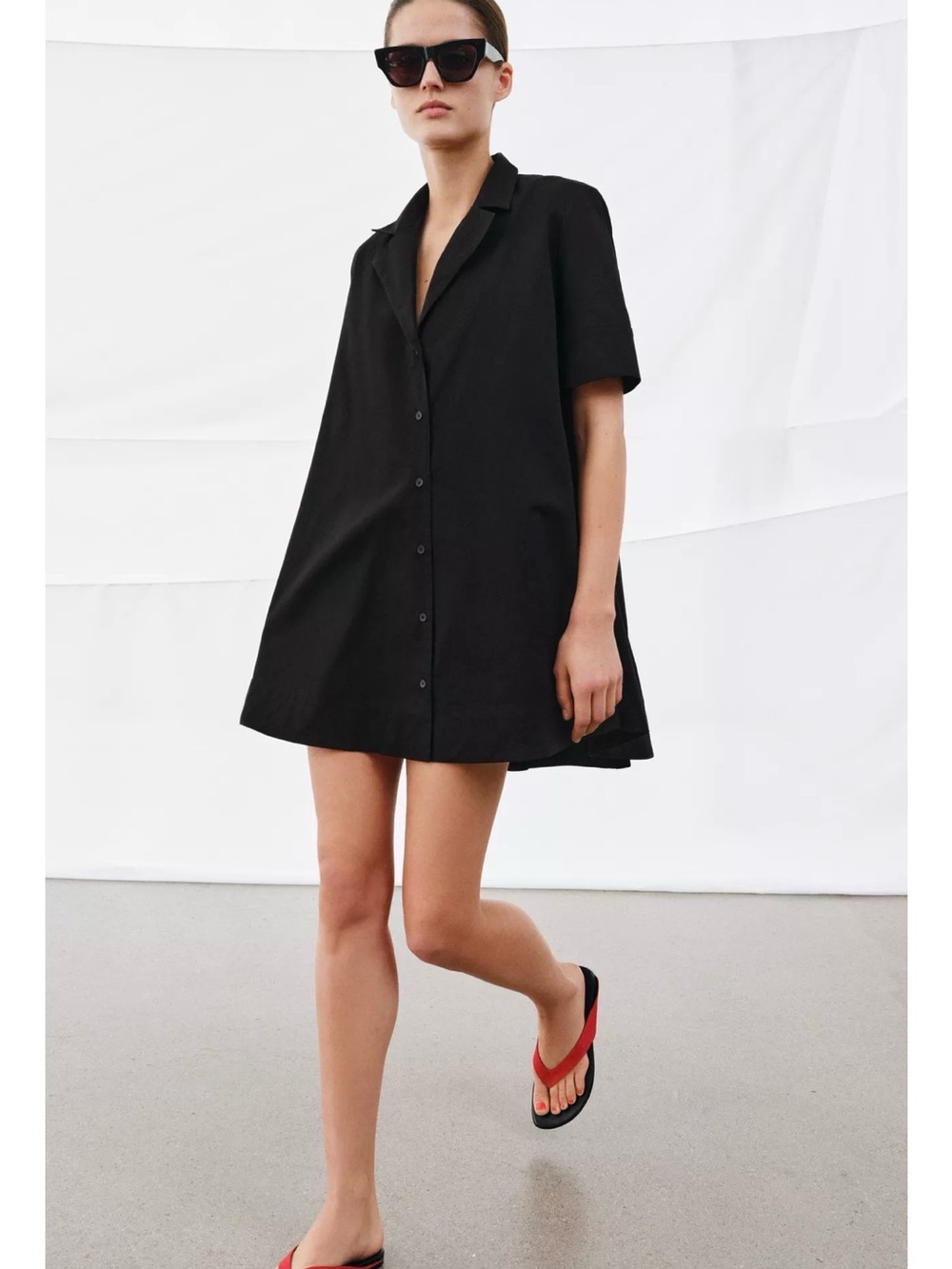 Zara Black Short-Sleeve Button Front Swim Cover-Up Dress